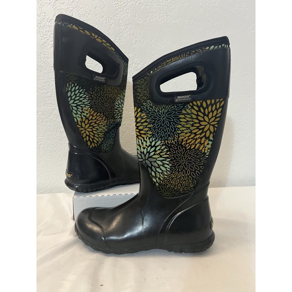 BOGS North Hampton Rain Snow Boots Womens 6‎ Floral Waterproof Black Tall Rubber